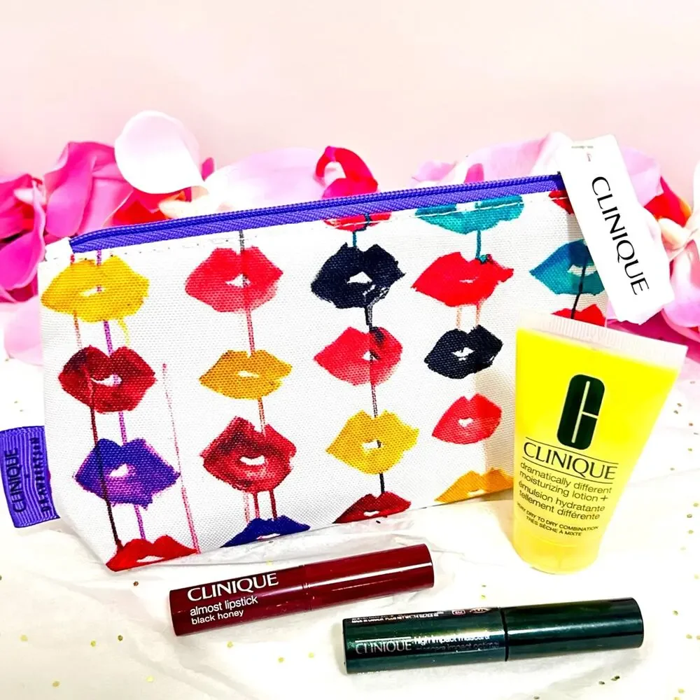 Clinique Beauty Bundle Black Honey Lipstick Mascara Lotion Cosmetic Bag NWT